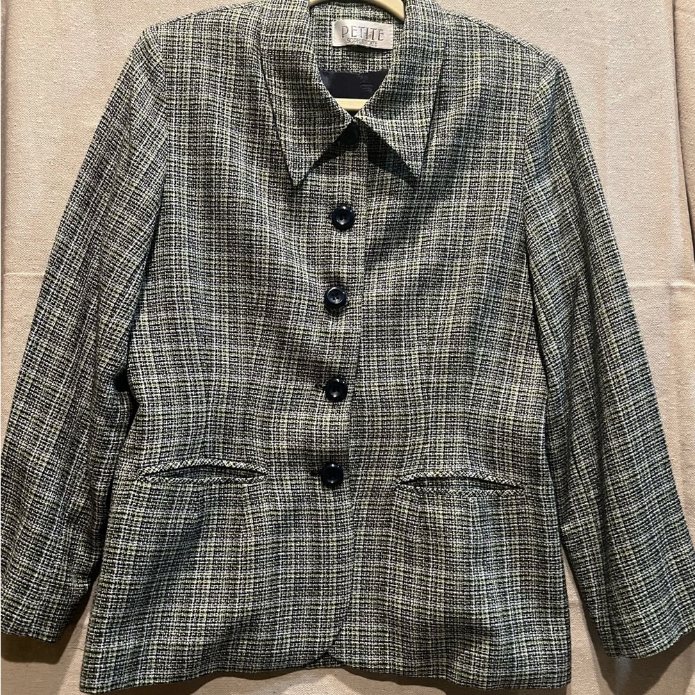 Petite Sophisticate Green Black and White Checkered Blazer